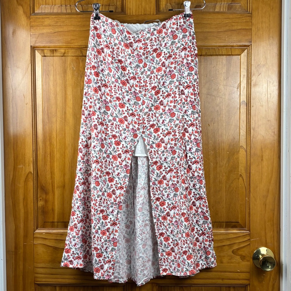 Abercrombie & Fitch Red Floral Split Front Midi Skirt Sz Medium White Red Lined